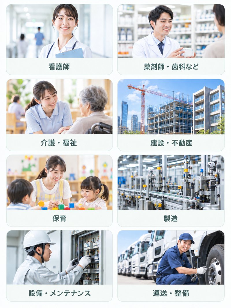 クーラが対応する分野（看護師、薬剤師・歯科など、介護・福祉、建設・不動産、保育、製造、設備・メンテナンス、運送・整備）